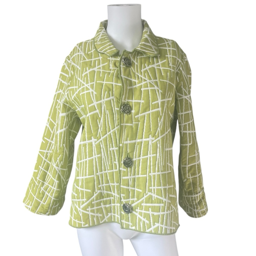 Winding River Reversible Green and White Jacket Abstract Pattern Colorful Knit